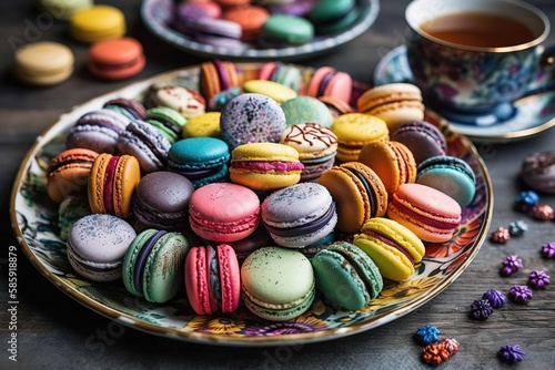  a plate full of colorful macaroons next to a cup of tea and a plate of macaroons on a table with other macaroons.  generative ai
