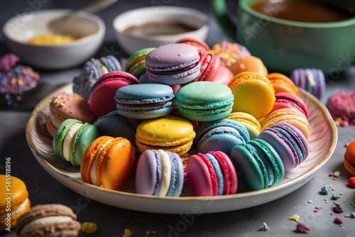  a plate full of colorful macaroons next to a cup of coffee and a bowl of tea on a table with other macaroons.  generative ai