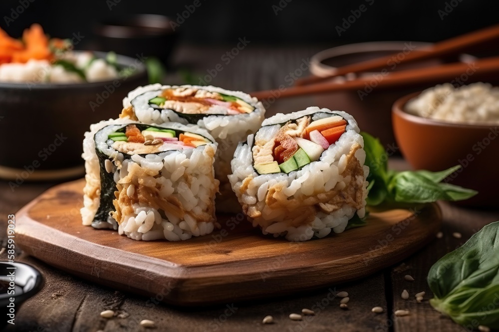 a wooden plate topped with sushi next to a bowl of rice and chopsticks on a wooden table next to a bowl of rice and chopsticks. generative ai a wooden plate topped with sushi next to a bowl of rice and chopsticks on a wooden table next to a bowl of rice and chopsticks. generative ai