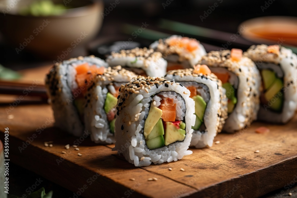 a wooden cutting board topped with sushi rolls covered in avocado and cucumber on top of a wooden cutting board next to a bowl of rice. generative ai a wooden cutting board topped with sushi rolls covered in avocado and cucumber on top of a wooden cutting board next to a bowl of rice. generative ai