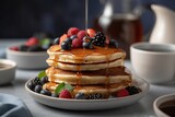  a stack of pancakes with syrup and berries on a plate with a cup of coffee and a teapot in the background with a teapot and saucer on the table.  generative ai