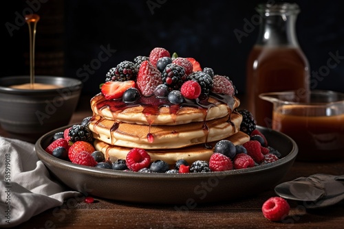  a stack of pancakes with berries and syrup on a plate next to a bowl of syrup and a glass of orange juice on a table.  generative ai