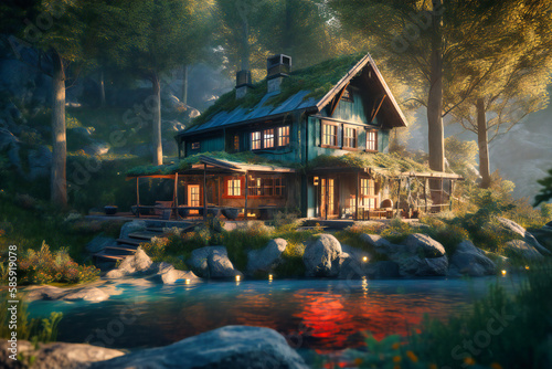 A cozy cabin surrounded by lush forests and a sparkling lake