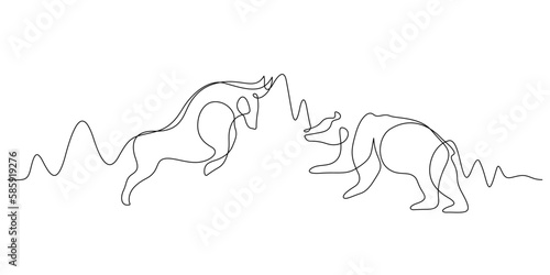 stock market exchange bull and bear concept in continuous line drawing single line art vector illustration