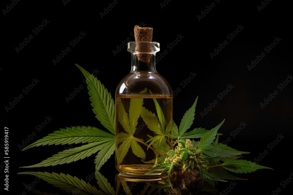 a bottle of cannabis oil with a marijuana leaf on the side of the bottle and a cork stopper on the top of the bottle. generative ai a bottle of cannabis oil with a marijuana leaf on the side of the bottle and a cork stopper on the top of the bottle. generative ai