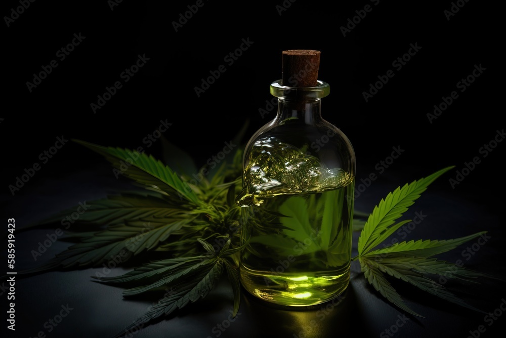 a glass bottle filled with green liquid next to a leaf of marijuana on a black surface with a wooden stopper on top of it. generative ai a glass bottle filled with green liquid next to a leaf of marijuana on a black surface with a wooden stopper on top of it. generative ai