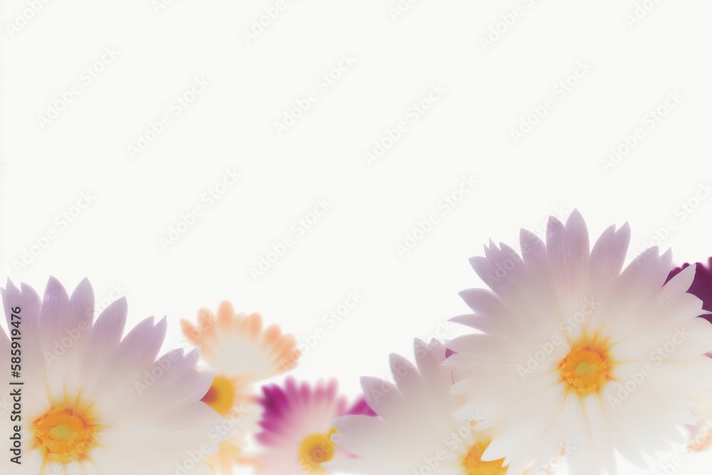 a group of white and purple flowers with a white background with a white border in the middle of the picture and a yellow center in the middle of the picture. generative ai a group of white and purple flowers with a white background with a white border in the middle of the picture and a yellow center in the middle of the picture. generative ai