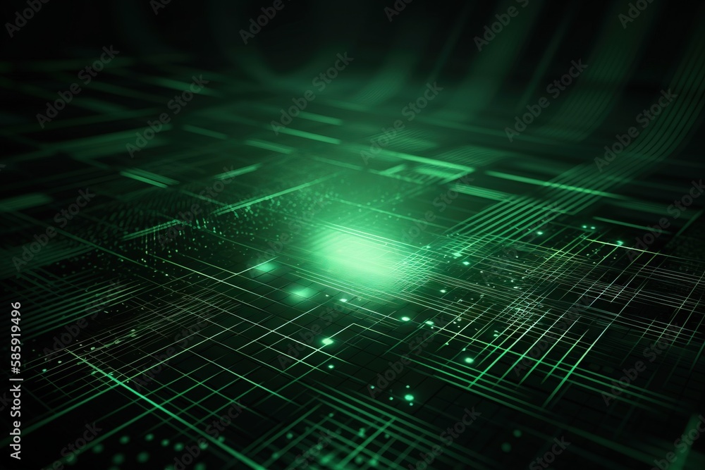 a green abstract background with lines and dots in the middle of the image and a bright light at the end of the line in the middle of the image. generative ai a green abstract background with lines and dots in the middle of the image and a bright light at the end of the line in the middle of the image. generative ai