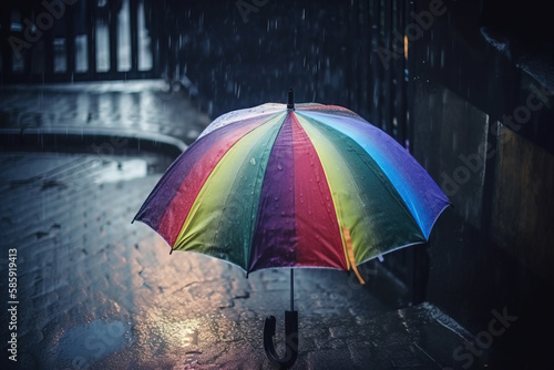  a rainbow umbrella is open on a rainy day in the rain  with the sun shining through the umbrella and the rain falling down on the ground.  generative ai