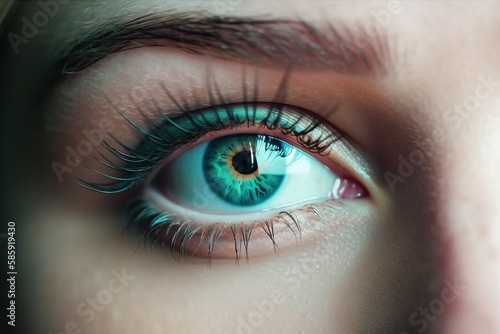  a close up of a person s eye with long lashes and a green eyeliner with a blue iris and black tips  with a green eyeliner.  generative ai