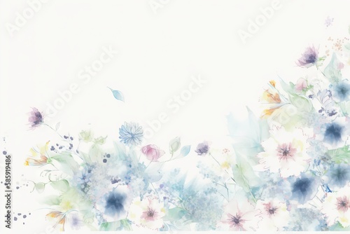  a watercolor painting of flowers on a white background with a place for a text or a picture to put on a card or a wall. generative ai