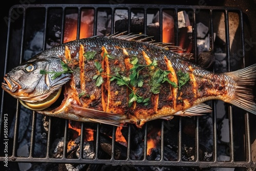  a fish is cooking on a grill with a lot of sauce on it's side and a bunch of green leaves on it's side.  generative ai photo