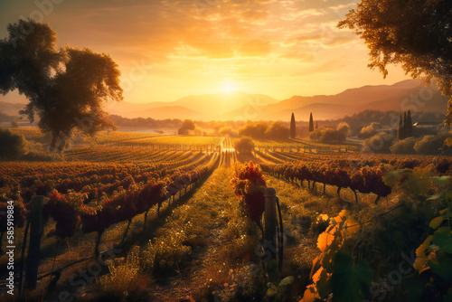 A sprawling vineyard with rows of grapevines and a stunning sunset