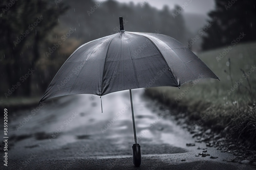  a person holding an umbrella on a rainy road in the rain with a black and white photo of a road and trees in the background.  generative ai