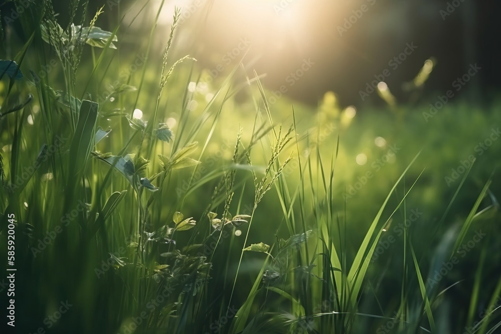  the sun shines through the grass in a field of tall green grass, with the grass in the foreground, and the grass in the foreground.  generative ai
