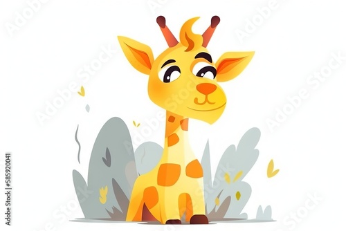  a cartoon giraffe sitting in a field of grass and leaves with a surprised look on its face  with eyes wide open  with a white background of leaves and grass and leaves.  generative ai