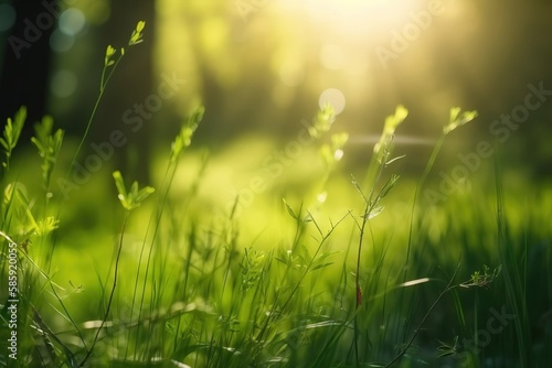  a grassy field with the sun shining through the trees in the background and the grass in the foreground is green and has little leaves on it. generative ai