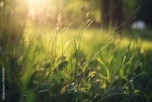  a field of grass with the sun shining through the trees in the background and a blurry image of the grass in the foreground. generative ai