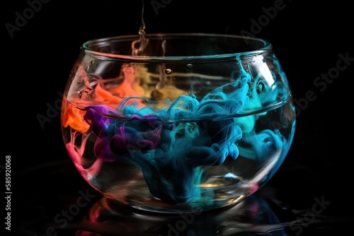  a glass bowl filled with liquid on top of a black table top with a reflection of a person's face in the bowl and a black background. generative ai