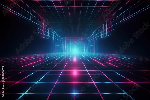  a dark room with neon lights and a grid pattern on the floor and floor tiles on the floor and the floor is black and white. generative ai