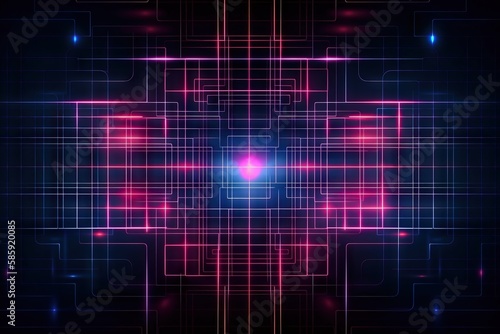  a dark background with pink and blue squares and lines on it, and a blue circle in the middle of the image, with a black background with red and blue dots. generative ai