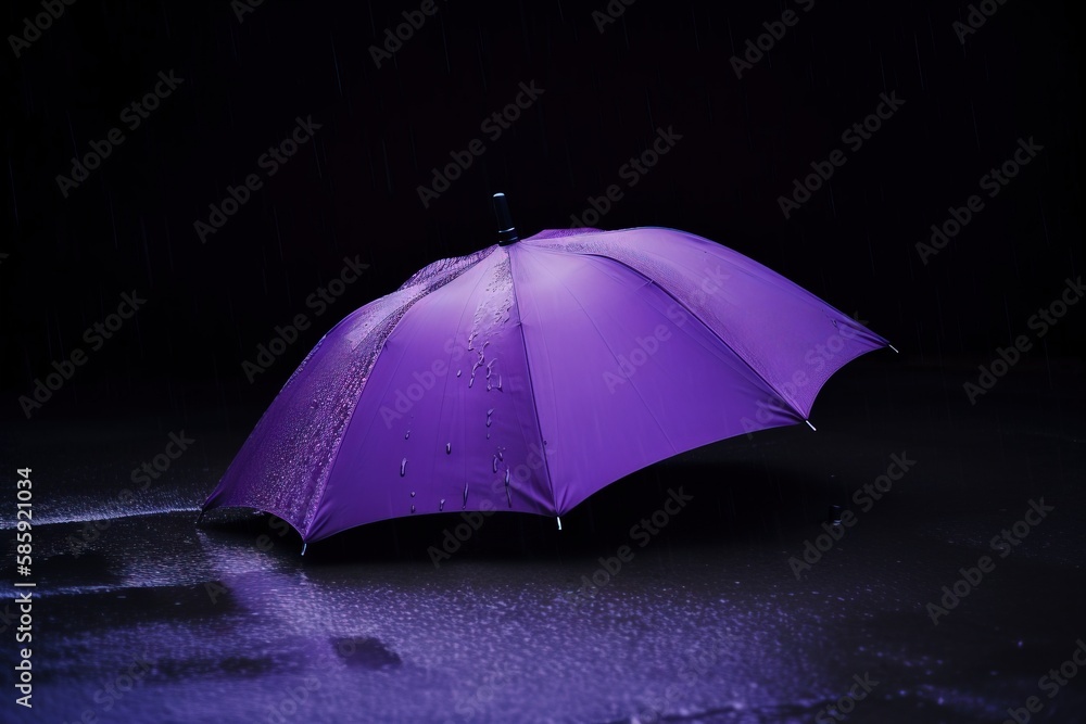  a purple umbrella sitting in the rain on a dark street with water droplets on it's sides and a black background with a dark background.  generative ai