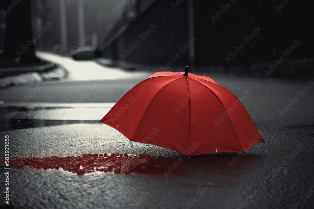  a red umbrella sitting in the middle of a street on a rainy day with red paint on the ground and a black and white background.  generative ai