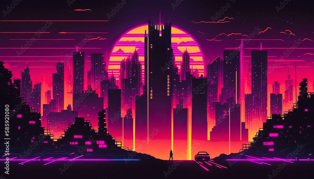 Retro cyberpunk style background. Sci-Fi background. Neon light grid landscapes. 80s, 90s. Generative AI