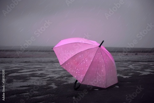  a pink umbrella sitting on top of a wet beach under a purple sky with raindrops on the umbrella and a black handlebar.  generative ai