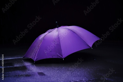  a purple umbrella sitting in the rain on a dark street with water droplets on it's sides and a black background with a dark background.  generative ai © Nadia