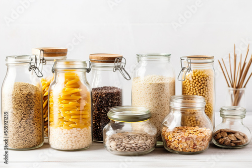 Photo of jars filled with assorted food items for meal preparation or storage. Generative ai