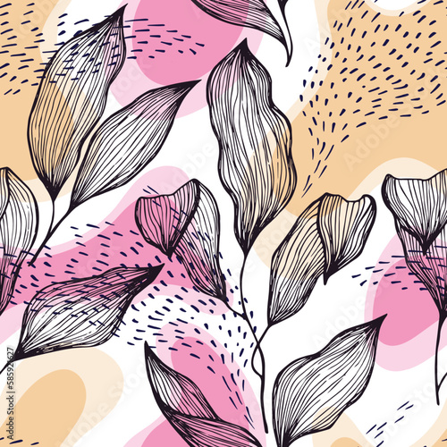 Sketch style doodle line texture leaves over stains and dots seamless vector ...