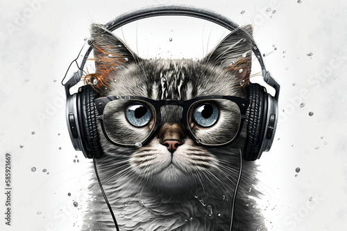 Funny realistic cat wearing big retro headphones