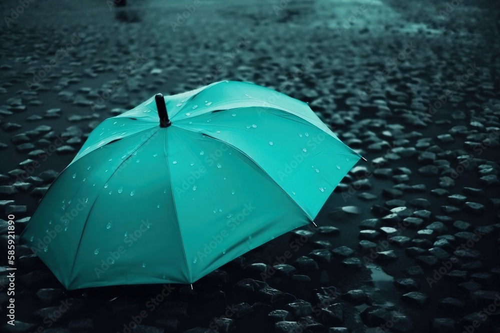  a green umbrella sitting on top of a wet ground next to a person holding an umbrella over their head and a black umbrella over their head.  generative ai