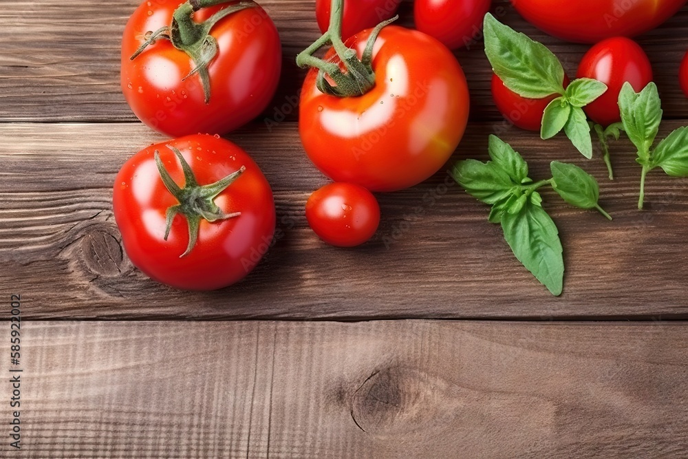 a group of tomatoes and basil on a wooden table with a knife and fork next to them on a wooden surface with a wooden surface. generative ai a group of tomatoes and basil on a wooden table with a knife and fork next to them on a wooden surface with a wooden surface. generative ai