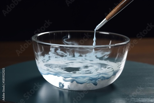  a bowl of water with a wooden spoon in it and a black background with a white and blue swirl in the center of the bowl.  generative ai