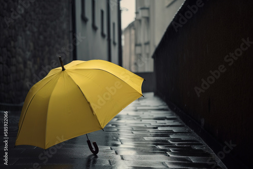  a yellow umbrella sitting on the side of a street next to a building on a rainy day in the rain with no umbrellas on the ground.  generative ai © Nadia