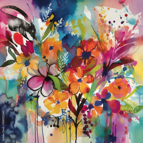 Watercolor-painted flowers, bursting with vibrant colors and a sense of wild, untamed energy - Generative AI