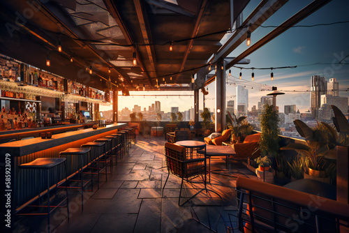 A rooftop bar with panoramic city views and cocktails