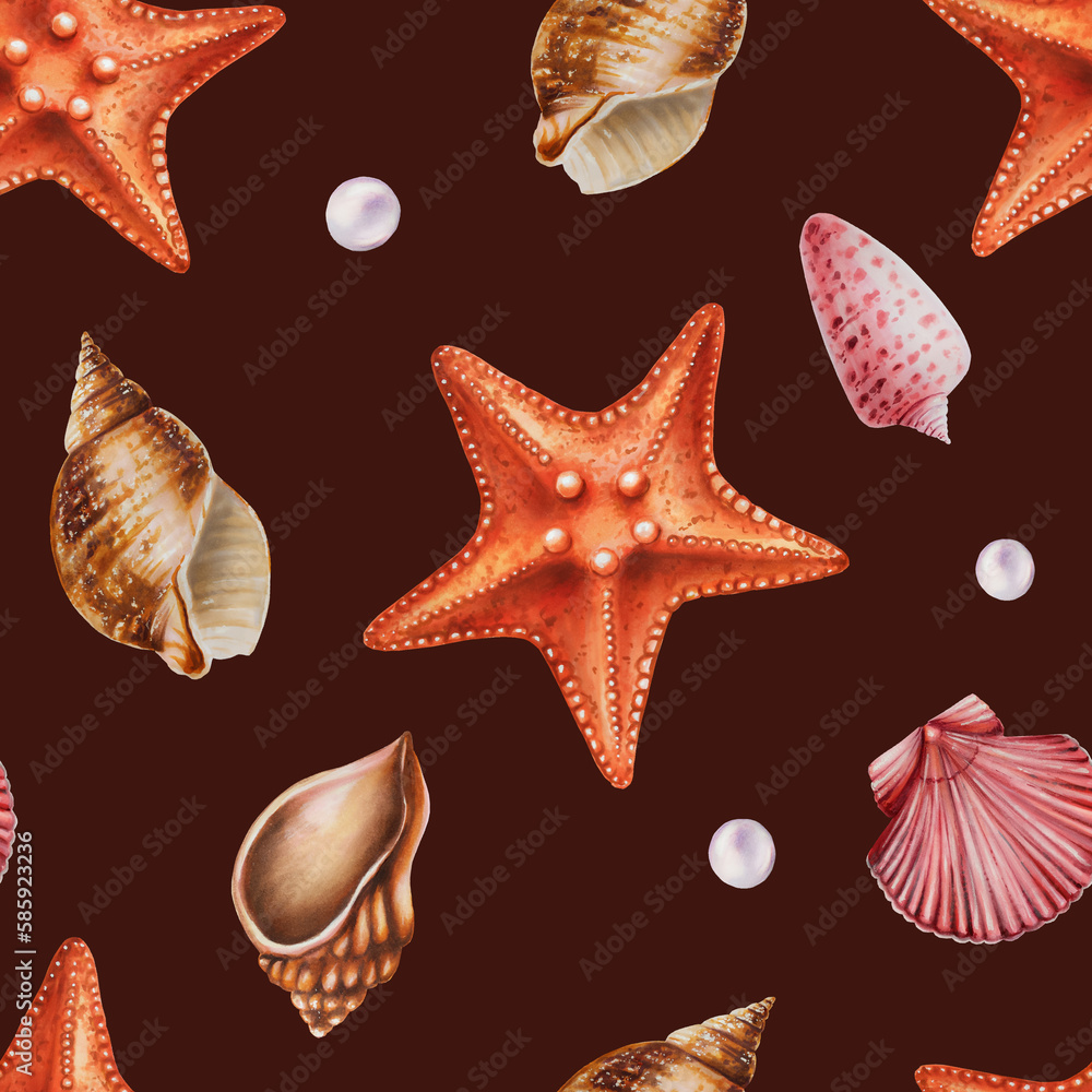 Watercolor seamless pattern with sea star and shells. Hand painting clipart underwater life objects on a white isolated background. For designers, decoration, postcards, wrapping paper, scrapbooking