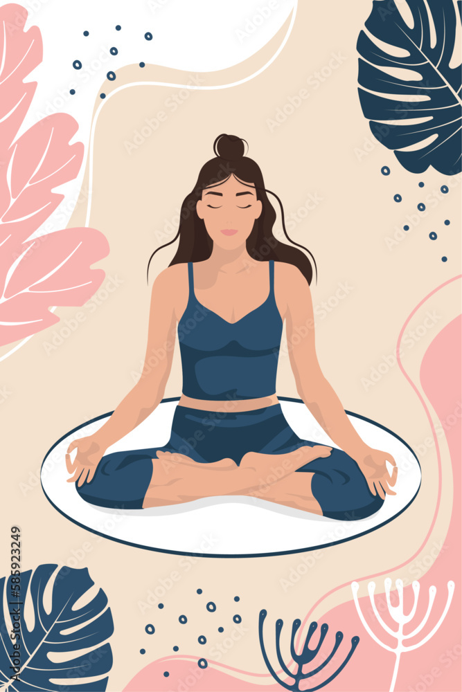 A card or poster with Relaxing, calm woman training yoga lotus asana Sukhasana, Easy Pose, vector illustration A card or poster with Relaxing, calm woman training yoga lotus asana Sukhasana, Easy Pose, vector illustration