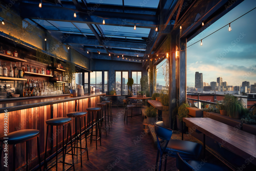 A rooftop bar with panoramic city views and cocktails