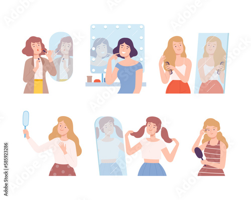 Beautiful Woman Looking in Mirror Doing Makeup and Grooming Vector Set