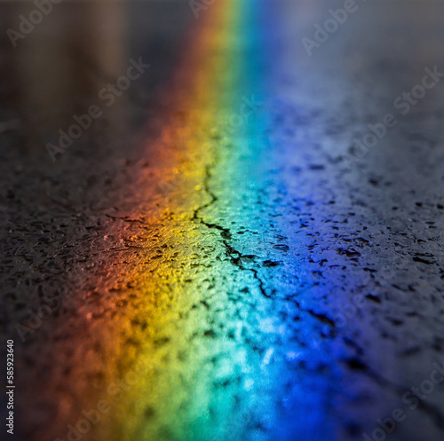 Rainbow beam on dark floor with crack
