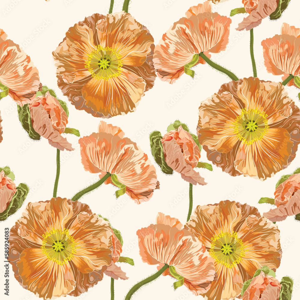 Illustration of floral seamless. Yellow, beige group and isolated poppies on a white background.  California Poppy, Iceland poppy pattern.