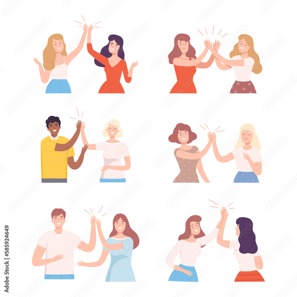 Happy People Characters Giving High Five to Each Other Vector Illustration Set Happy People Characters Giving High Five to Each Other Vector Illustration Set