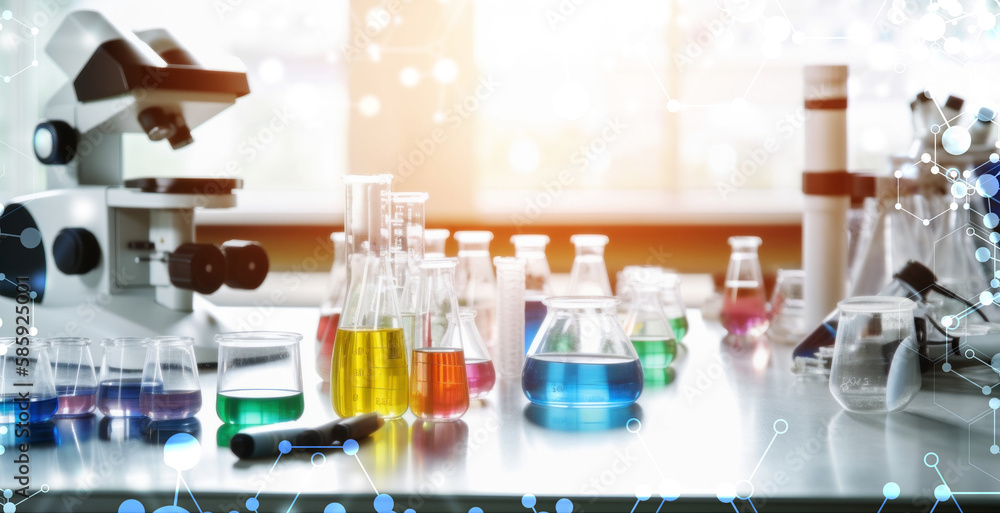 Lab Test Lab glassware in chemical medical laboratory background, science laboratory research and development concept. Generative AI Lab Test Lab glassware in chemical medical laboratory background, science laboratory research and development concept. Generative AI