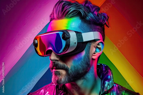 Rainbow Background Adult Man With Vr Set Generative AI