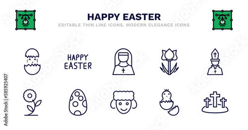 set of happy easter thin line icons. happy easter outline icons such as letter, nun, tulip, pope, flower, flower, egg paint, sheep, chick, calvary vector.