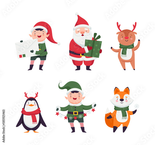 New Year Characters with Santa Claus, Elf, Reindeer, Fox and Penguin Vector Set © topvectors